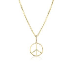 14k Peace Sign with Diamond Bezel Medallion on Cable Chain Necklace - 18"