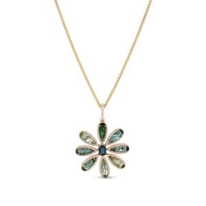 14k Green Tourmaline & Topaz Flower Pendant on Wheat Chain Necklace - One of Kind